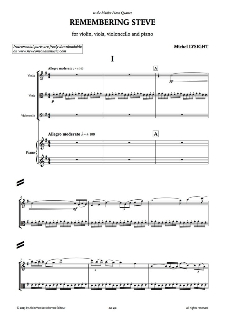 Remembering Steve for violin, viola, cello and piano by Michel Lysight